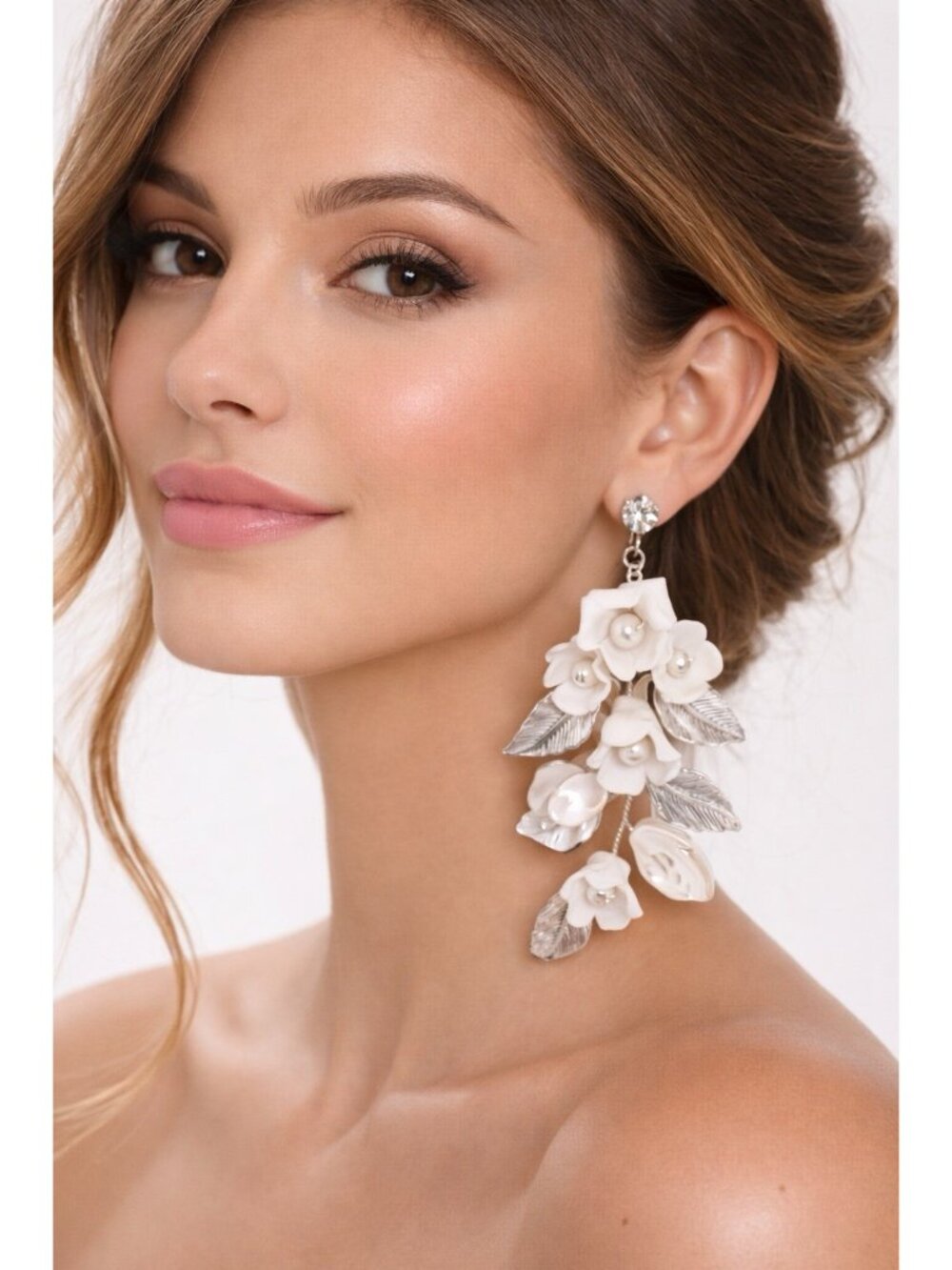 White Floral Drop Earrings Silver Tone Pearl Crystal Wedding Bridal Statement